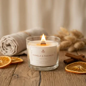 Vela con aroma a Canela y Naranja en tarro de cristal.